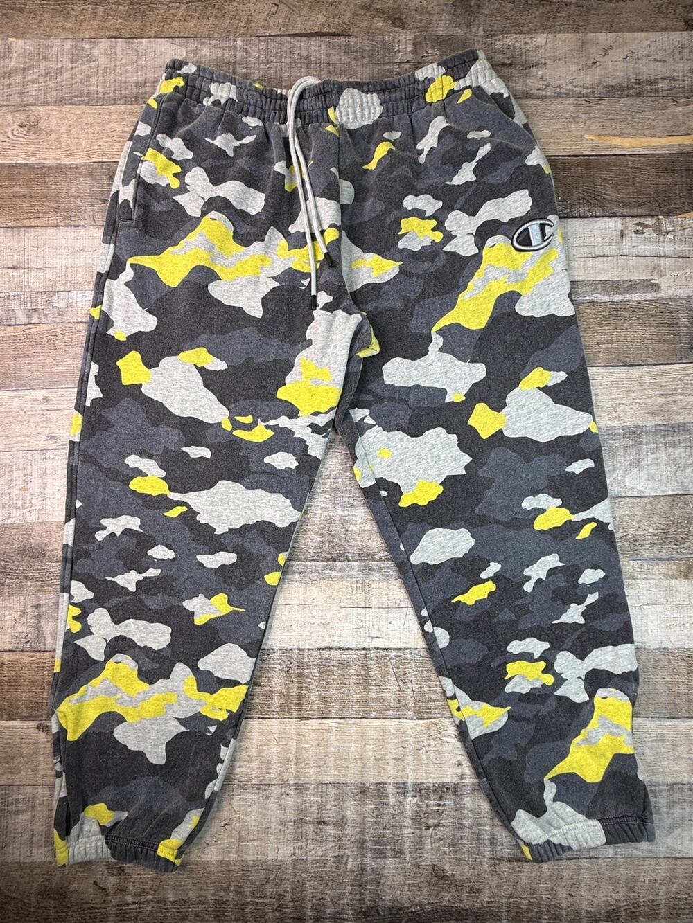 Champion Gray Yellow Camo Jogger Sweatpants Mens Size XL Relaxed Fit Ankle Zips
